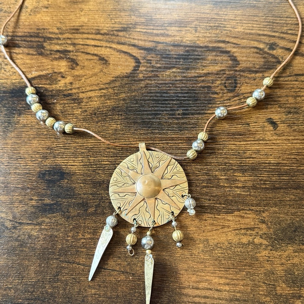 Boho Sunburst Medallion Necklace Brass Tone Celestial Sun Pendant Beaded
